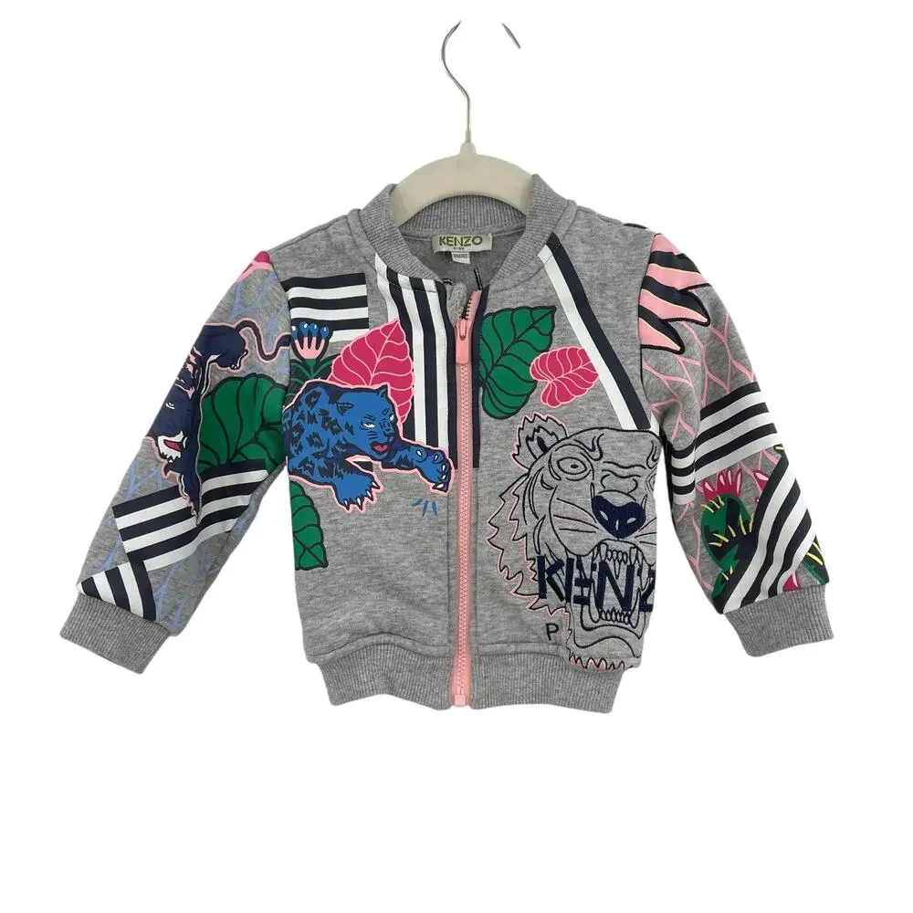 Kenzo Paris Kids Zip-Up Jacket Sweatshirt Tiger Print Embroidered Gray Size 18M